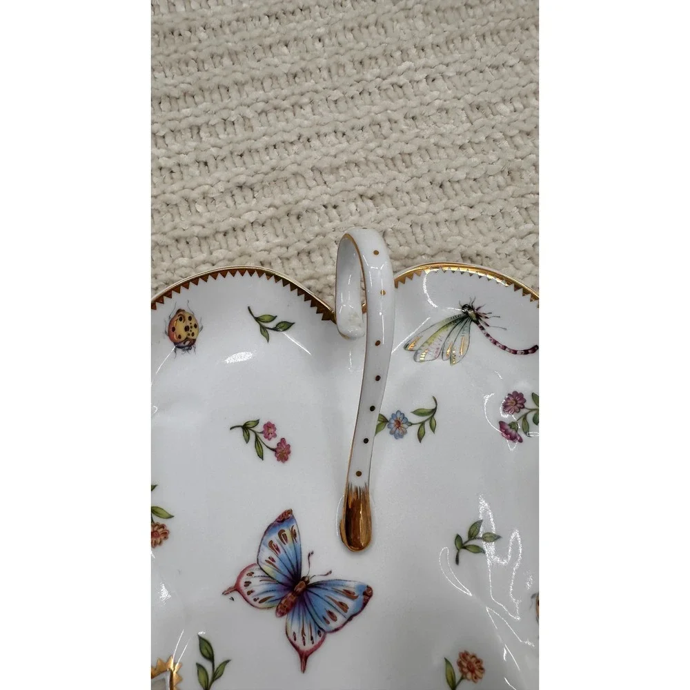 I Godinger & Co Leaf Dish Butterfly Porcelain Trinket‎ Dish Candy Tray Gold Trim